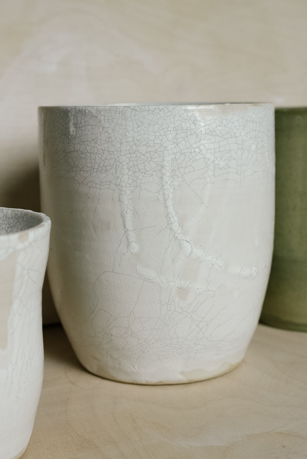 A handmade ceramic vase with a white crackle glaze and subtle branch-like raised patterns, displayed on a light wood surface.