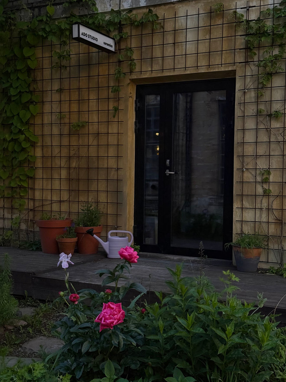 Front door of a house with plants and a watering can on a wooden platform.